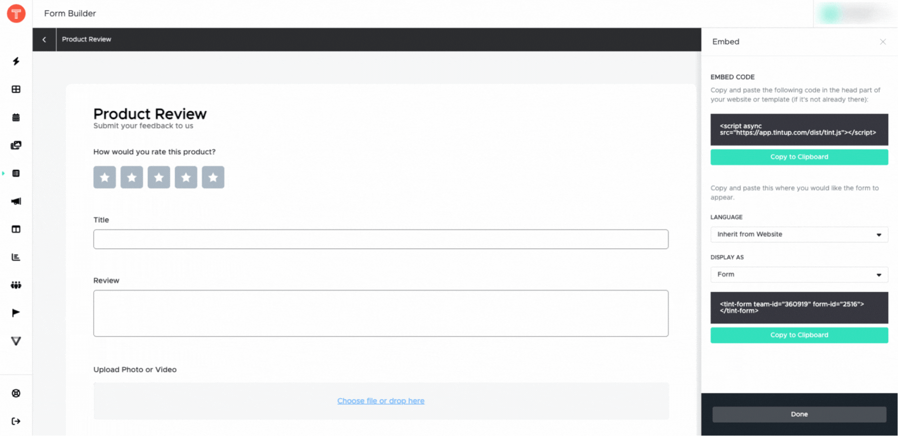 How to get a Language option on an Embed code - Form Builder  - 30 May 2025.gif