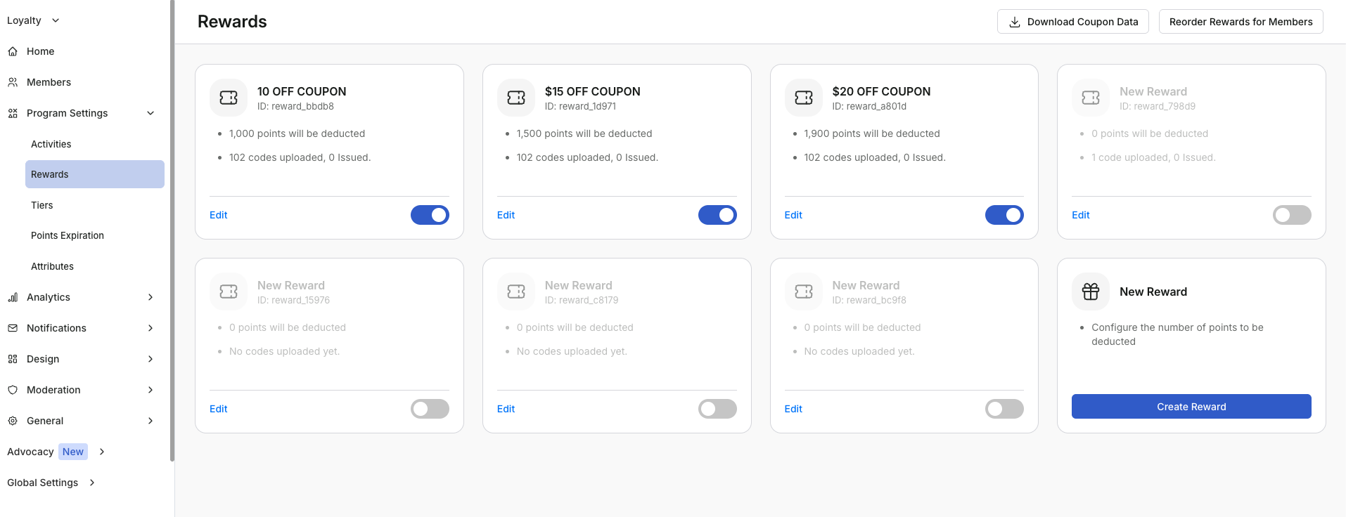 Rewards configuration in Program Settings