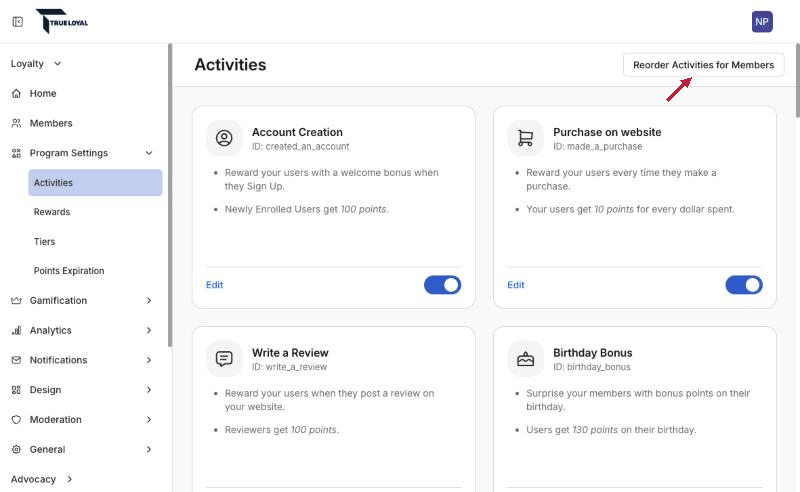 How to reorder activities for members