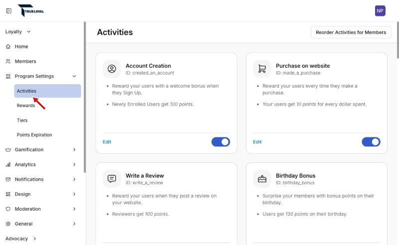 Activities in Program Settings