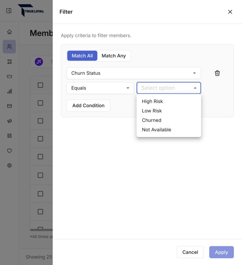 Filtering the member list by Churn Status